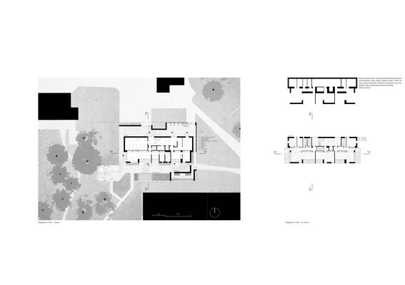 Architectural floor plan drawing showing building layout and surrounding outdoor areas with trees and paths in black and white.