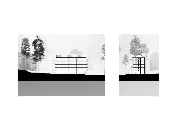 Two architectural cross-section drawings of a building with trees in the background. Pictures are in black and white.