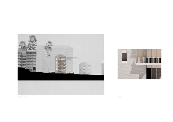 Architectural elevations showing different perspectives of a modern building with balconies and large windows.