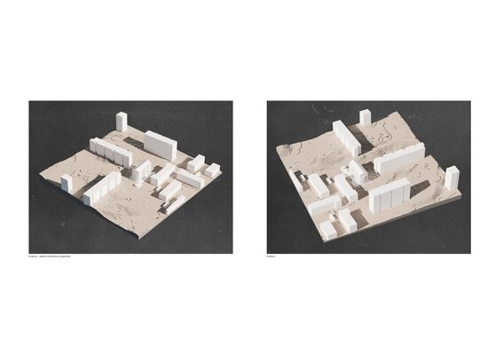 Two architectural models showing a layout of buildings and terrain on a dark surface.