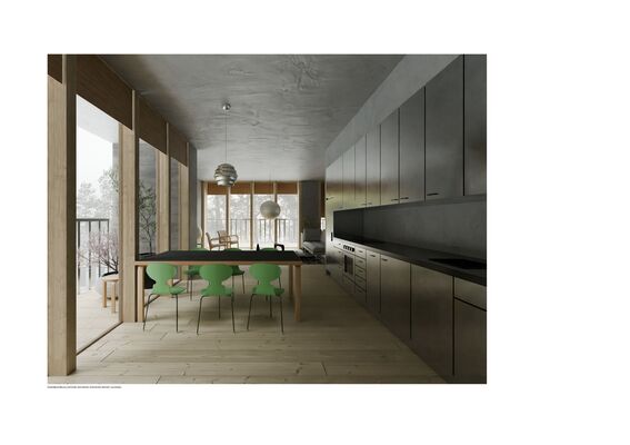 Modern kitchen with large windows, dark cabinets, a wooden dining table with green chairs, and a view of trees outside.