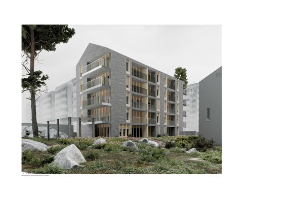 Modern multi-storey apartment building with large balconies, surrounded by greenery and rocks.
