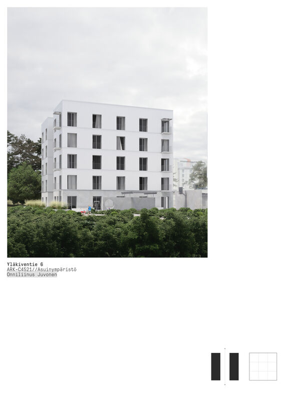 Modern five-storey white building surrounded by green trees and a cloudy sky.