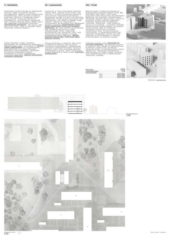 Architectural plans, textual information in Finnish, building schematics and 3D model images, aerial site view with labelled sections. Pictures are in black and white.