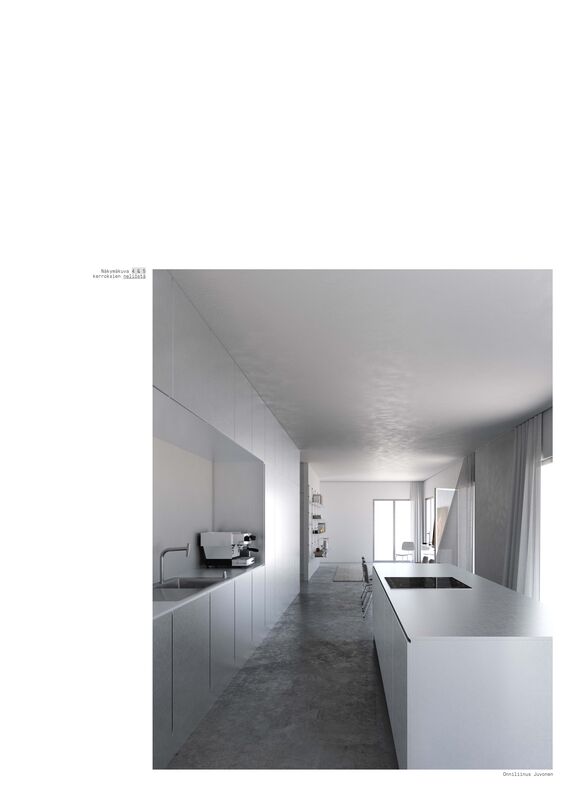 A modern kitchen with grey cabinets and a long island counter. A big window at the end brightens the room.