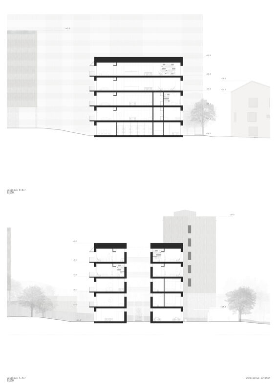Architectural section drawings of a multi-storey building showing interior layouts and structural details. Pictures are in black and white.