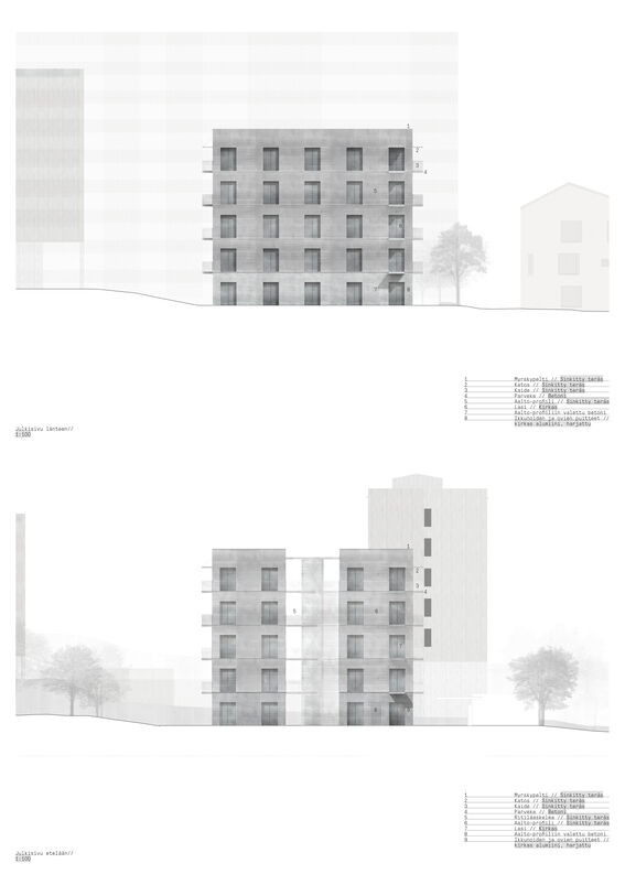 Two architectural plans show different elevations of a four-storey residential building with balconies and windows. Materials are listed in the text.