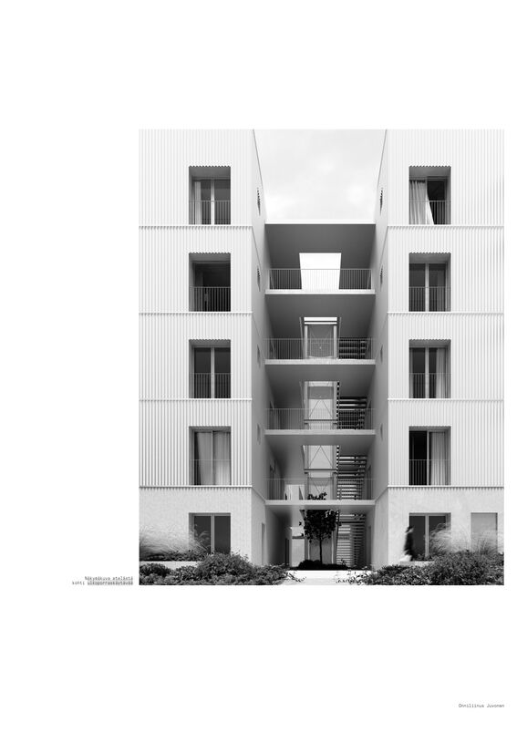 A modern apartment building with a central open-air corridor. There is a tree at the entrance. Picture is in black and white.