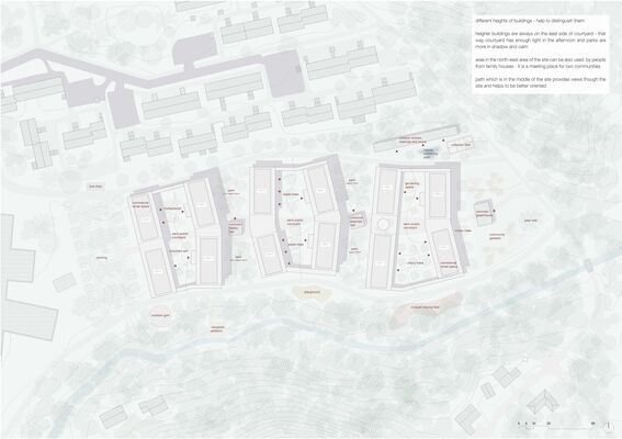 Architectural site plan showing buildings, pathways and landscaped areas. Buildings are roughly rectangular and arranged in clusters.