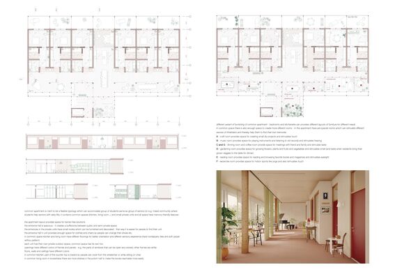 Architectural plans and renderings of communal apartment spaces, including shared living and dining areas, and rendering of interiors.