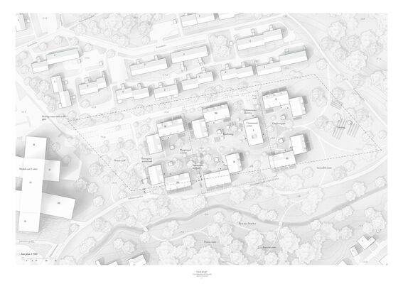 Architectural site plan with multiple buildings, playgrounds, and surrounding green areas. Roads, paths, and labels are visible.