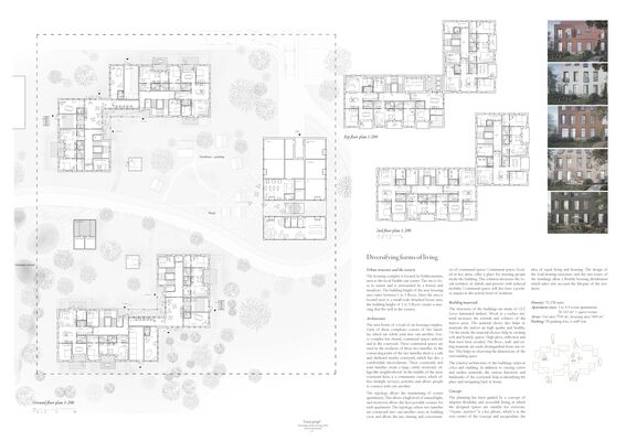 Architectural plans of a housing complex with detailed layouts and images of completed buildings shown on the right.