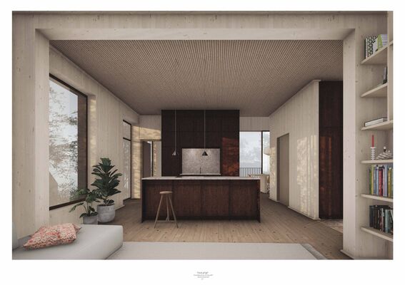 Modern kitchen with wooden flooring, large windows, island, bar stool, and indoor plants. Open shelves on the right.