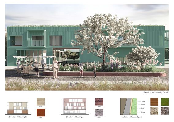 A modern two-storey green building with large windows. Several people are gathered outside under parasols. There are trees and plants.