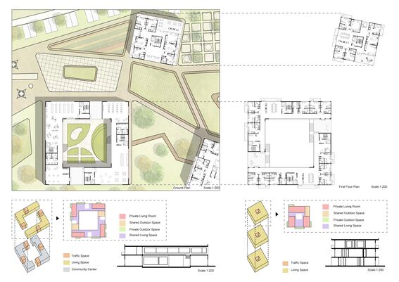 Architectural plans include floor layouts, outdoor spaces, community centre, and living areas with detailed diagrams.