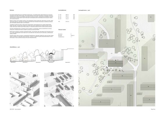 Architectural drawings of a residential area, including a site plan, building section, and 3D models.