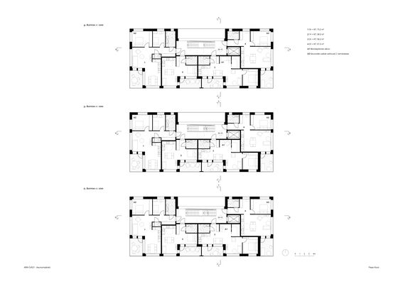 Blueprint shows floor plans of a four-storey building with detailed room layouts. Floor plans are of second, third and fourth floors.