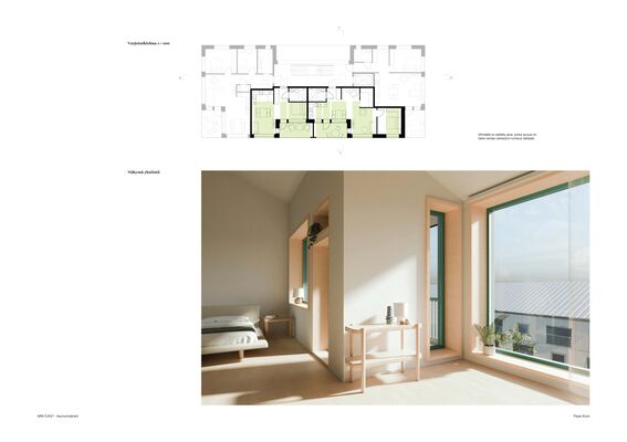 Interior of a sunlit bedroom with a double bed, wooden furniture, large windows, and an architectural floor plan above with shadow study.