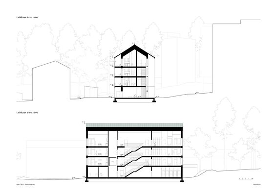 Architectural section drawings of a four-storey building with trees in the background, showing interior rooms and stairs.