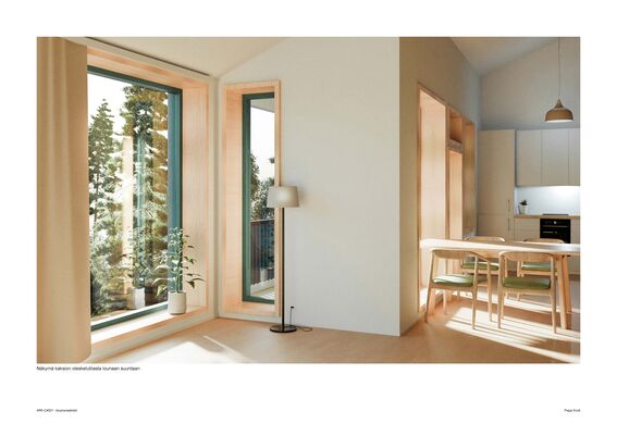 Brightly lit room with large windows, wooden furniture, and a small plant. A dining table with chairs is visible near the kitchen.