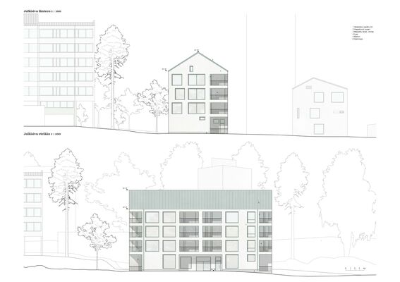 Architectural elevation drawings showing the front and side views of two buildings amidst trees.