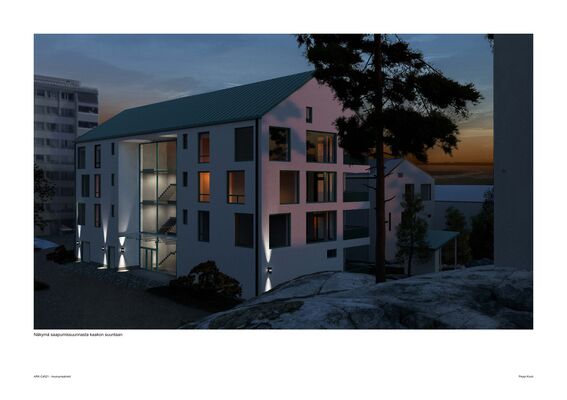 Modern white building with large windows, green roof, and tree in foreground at sunset.