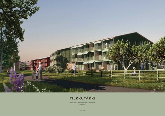 Architectural rendering of modern green buildings with balconies, surrounded by trees. People walking and sitting nearby.