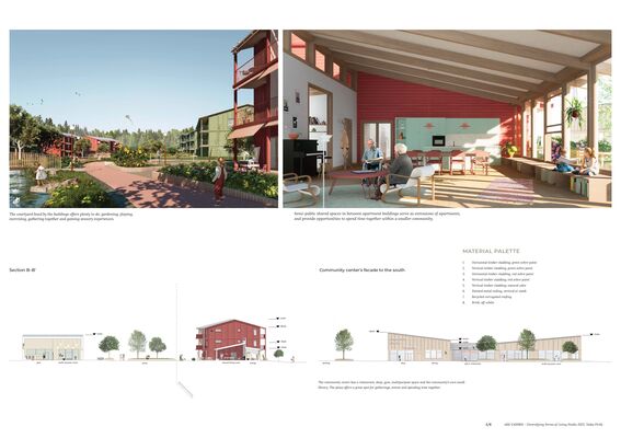 Two images show green courtyard with pathways and pond, and a communal indoor space with red walls, wooden roof beams and large windows. Section and facade illustrations are displayed below.