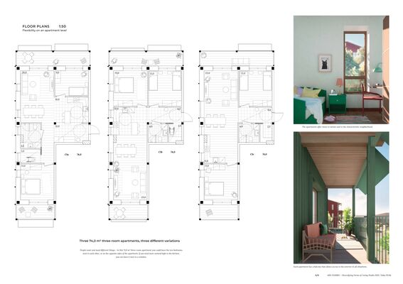 Three floor plans of three-room apartments with furniture layout, and two photos showcasing interior and balcony views.