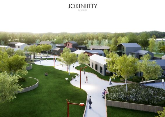 A modern residential area with houses, green trees, and people walking on paths. A white dog is also visible.