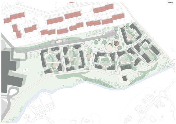 A site plan showing residential buildings, pathways, and green spaces. The top shows houses in red, while others have dark grey roofs.