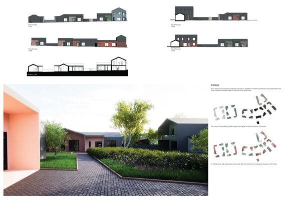 Facades, sections and a rendering of modern buildings with green lawns, trees, and brick pathways.