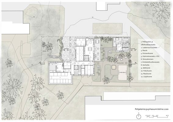 Architectural floor plan with numbered areas including laundry room, bike storage, sauna, and garden. Surrounding environment is presented in shades of green.