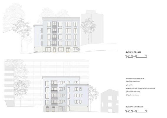 Architectural elevations of a five-storey building with trees on either side. The facade features balconies and numerous windows.