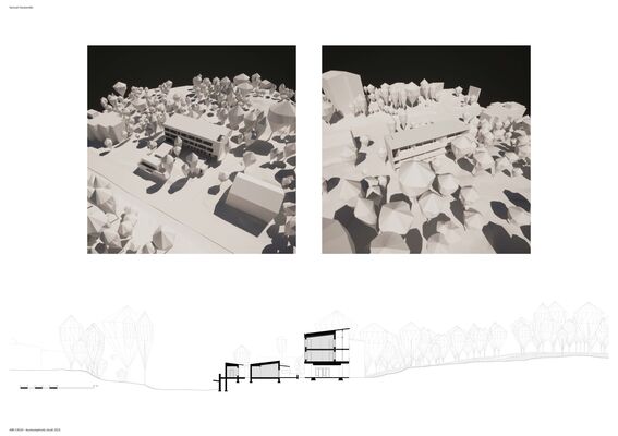 Architectural render of a building in a forested area with cross-sectional views of its structure. Pictures are black and white.