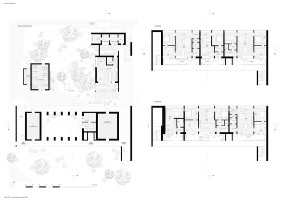 Architectural floor plans of a building, including ground, first, and second floors, drawn in detailed black lines. Ground floor plan shows surrounding outdoor areas.