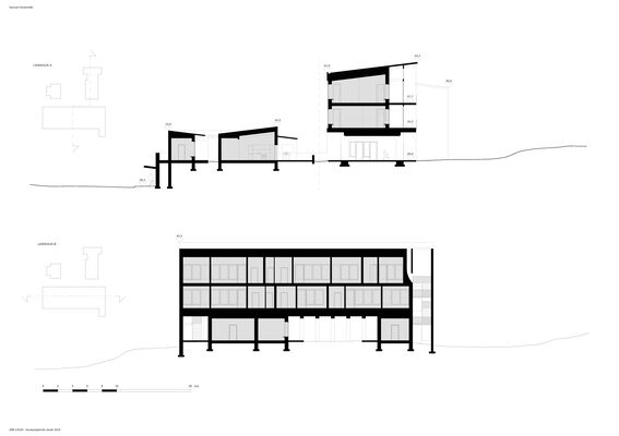 Architectural section plan of a multi-level building showing rooms, floors and structural details. Picture is black and white.