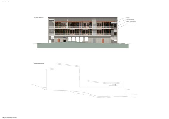 Architectural elevation plan of a modern building, showing detailed facade with windows and doors. Side view included.