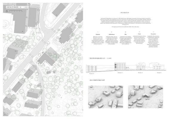 Architectural site plan with building layouts and placements, text descriptions, a section cut diagram, and 3D views of the area. Pictures are in black and white, and trees are drawn in green.