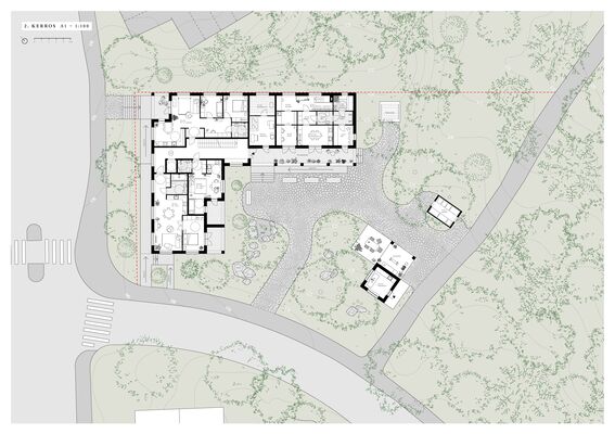 Architectural floor plan of the second floor with pathways and trees surrounding it.