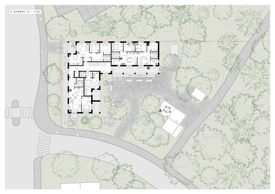 Architectural floor plan of the fourth floor with detailed outdoor landscaping, pathways, and greenery surrounding the structure.