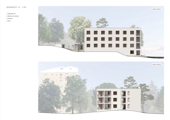 Two architectural elevation drawings of a modern four-storey building with trees in the background.