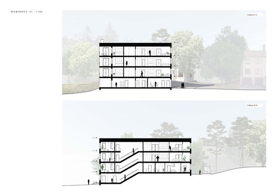 Architectural cross-sections of a four-storey building with various rooms and staircases, surrounded by trees and buildings.