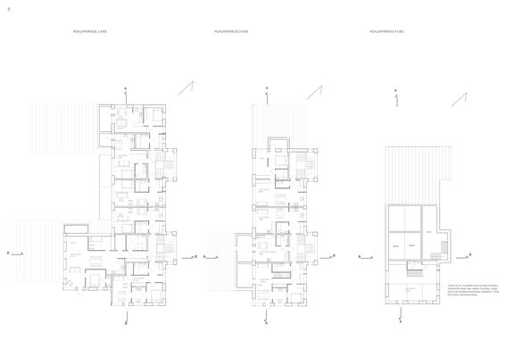 Architectural floor plans of three floors showing rooms, staircases, and entrances with detailed measurements.