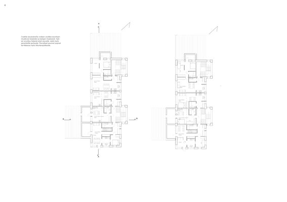 Two architectural floor plans side by side, showing detailed room layouts and measurements in black and white.