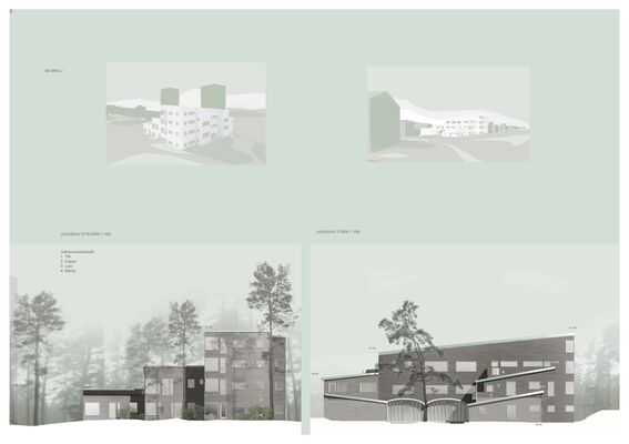 Architectural plans showing facades and 3D-models of multi-storey buildings in a forested area, with trees and in soft grey tones.