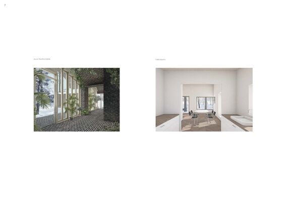 Two architectural renders: left shows an indoor garden room with large windows, right depicts a modern kitchen with dining area.