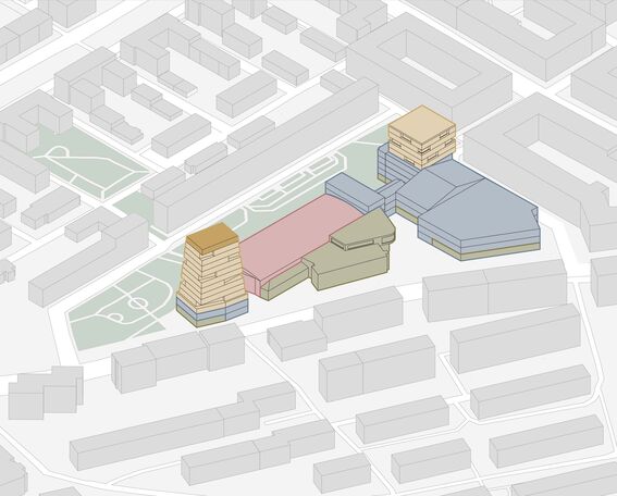 Illustrated map highlighting buildings in different colours, surrounded by roads and other structures.