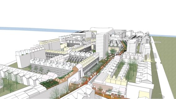 An architectural drawing of a neighbourhood with mixed residential and commercial buildings alongside green areas.