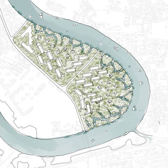 Map of a green urban area enclosed by a winding river. Several building blocks and tree patches are shown.